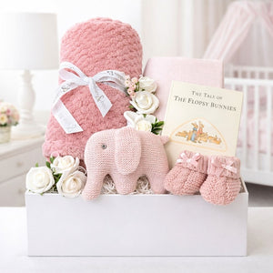 A pink baby girl gift box with elephant blanket and a story book