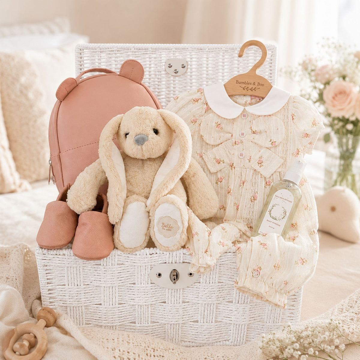 Luxury baby girl gifts hamper featuring a floral romper, plush bunny, baby shoes and keepsake gifts. A beautiful newborn gift for baby girls.