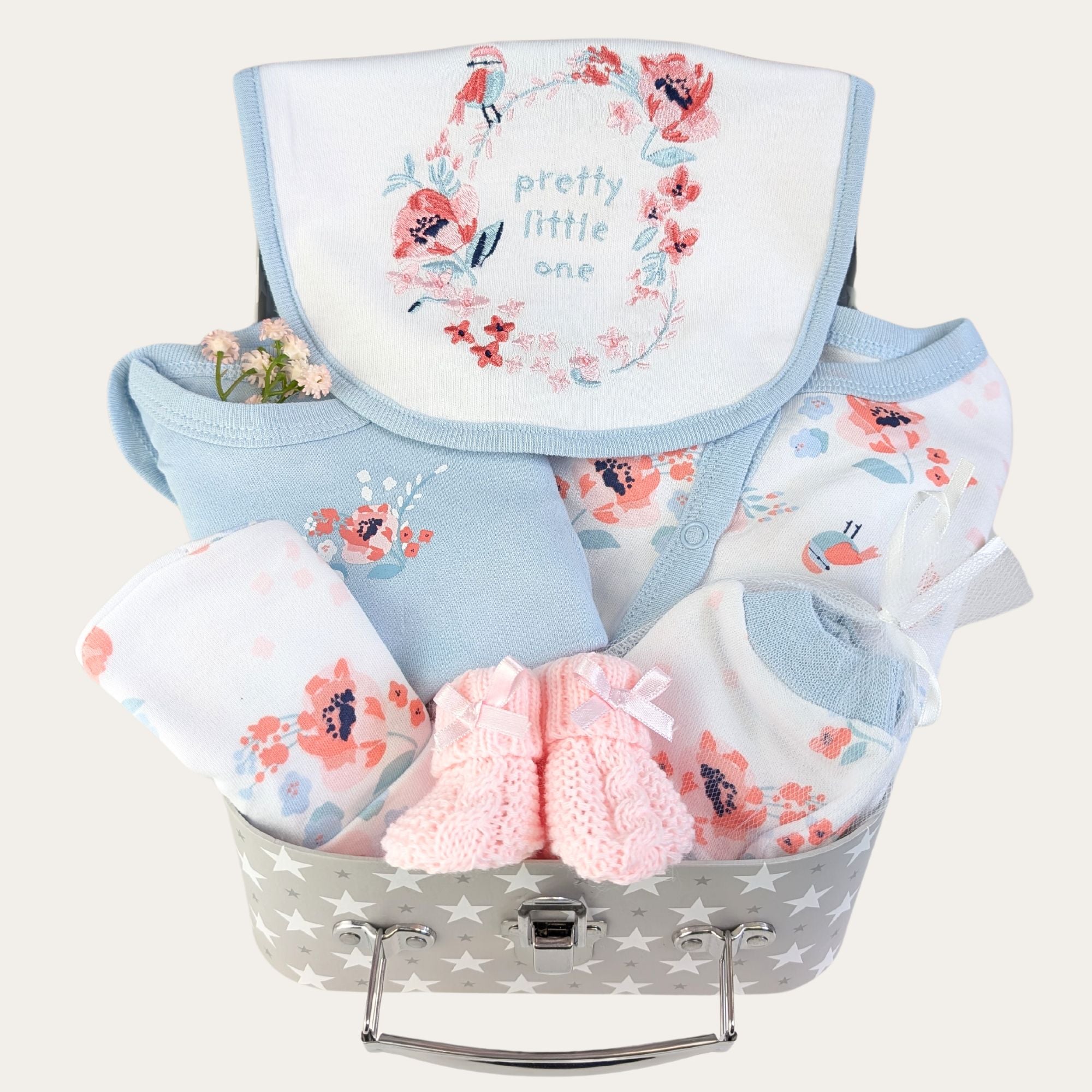 Baby girl gifts hamper with floral clothing set by Bumbles and Boo.