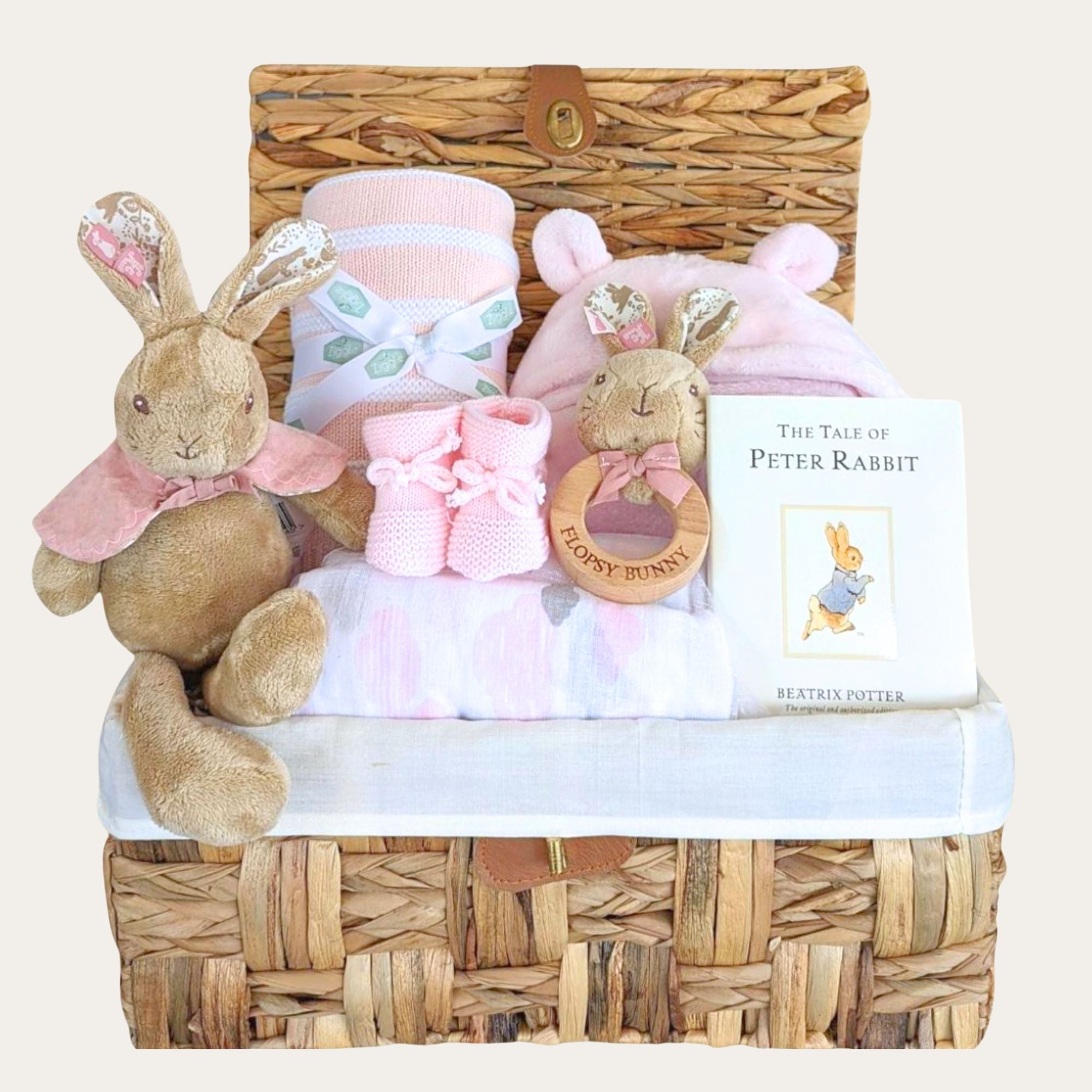 Baby girl hamper basket with flopsy bunny gifts and baby book. Hamper by Bumbles and boo.