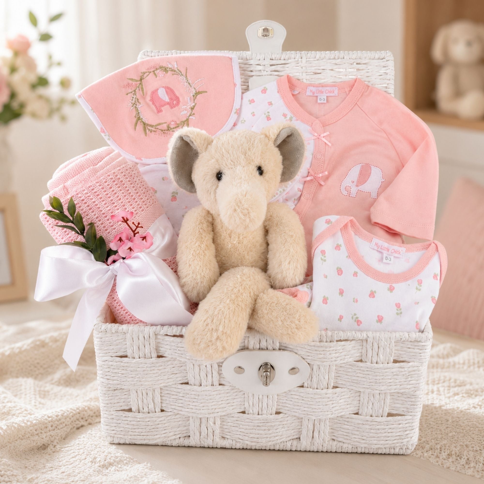 Baby girl gifts basket with plush elephant, pink blanket and baby clothing set.