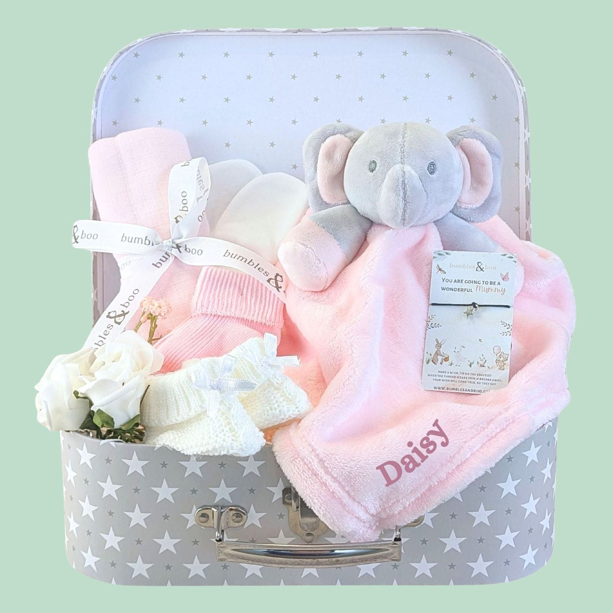 Baby girl gifts hamper with personalised pink elephant comforter. Bumbles and Boo.
