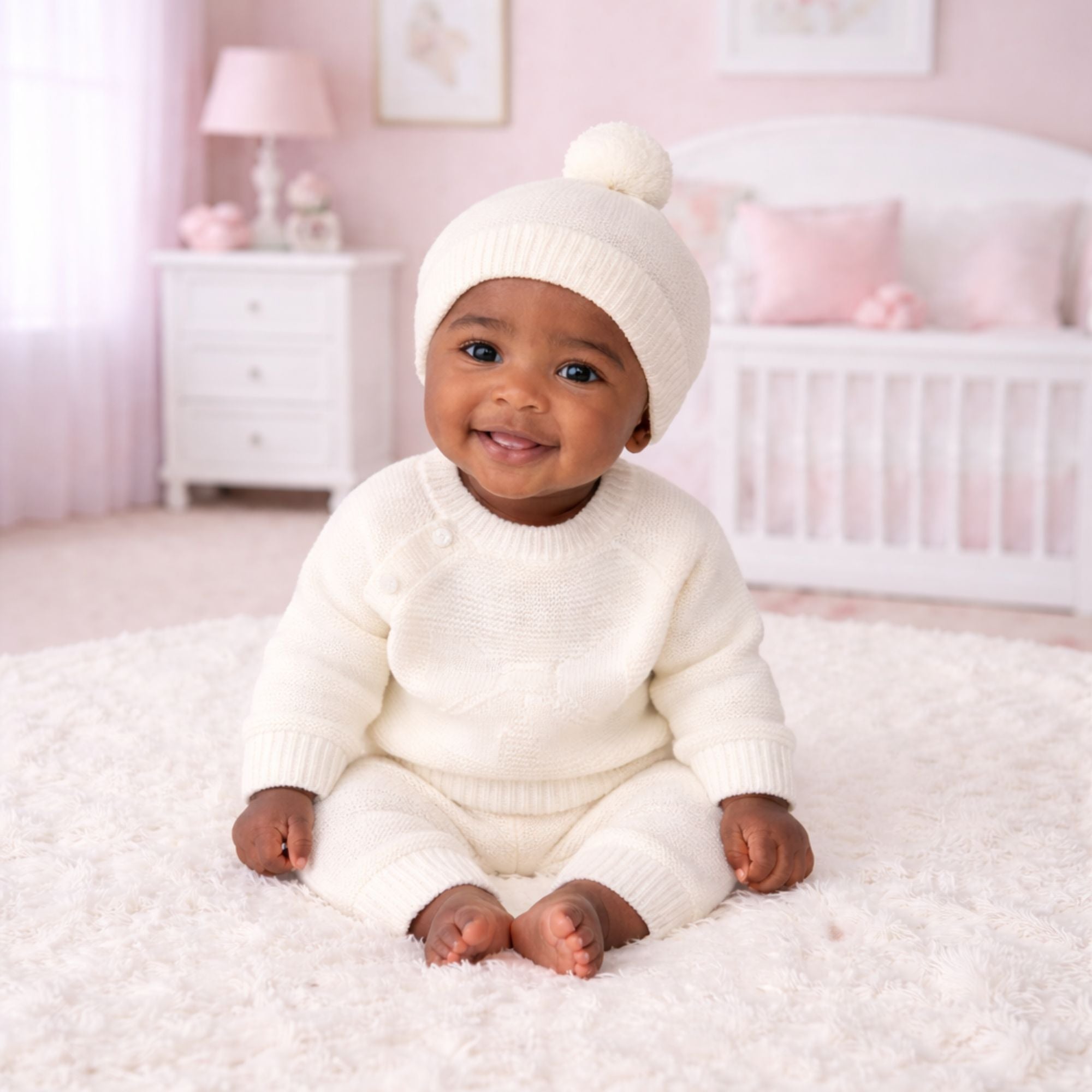 Cream baby clothing 4 piece set with jumper, hat and trousers