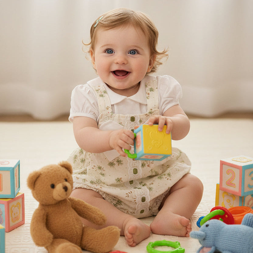 Baby girl sage green and white floral Spanish romper with lace trim and bow detail, traditional baby clothes design
