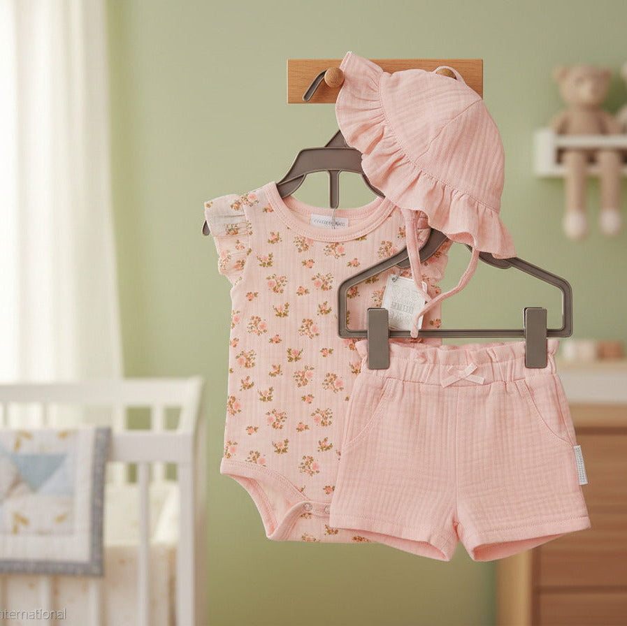 Baby girls roses 3 piece set with pink floral sleeveless body vest, matching pants and hat, baby clothes outfit.