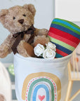 teddy and blanket baby hamper. colourful.