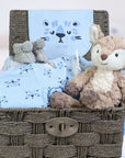 Baby boy gifts basket with clothing, teddy and baby booties.