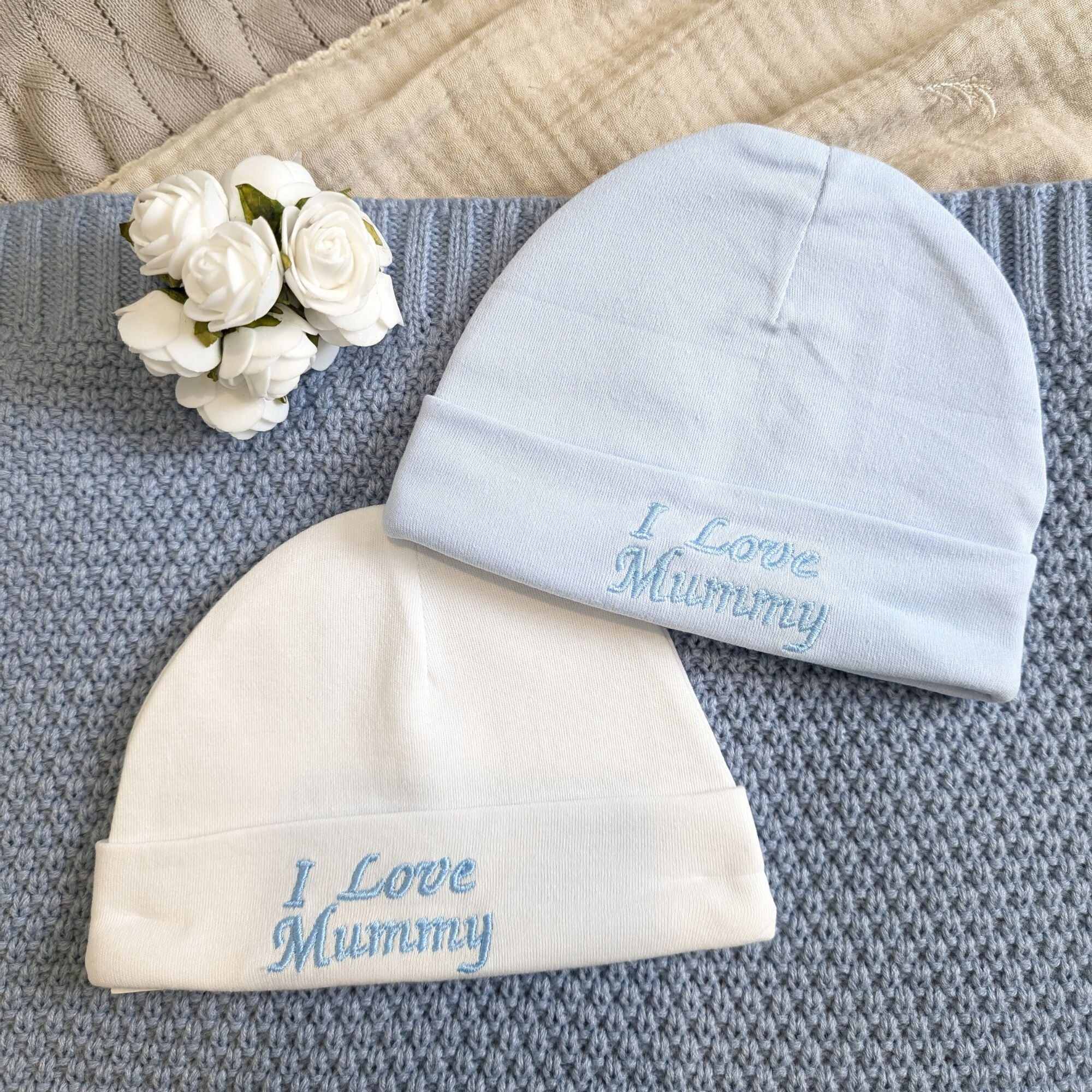 Baby Hats 'I Love Mummy' x2 Pack Blue and White Baby Hat.