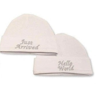 2 pack of white baby hats with silver wording reading "Hello World" and "Just Arrived"