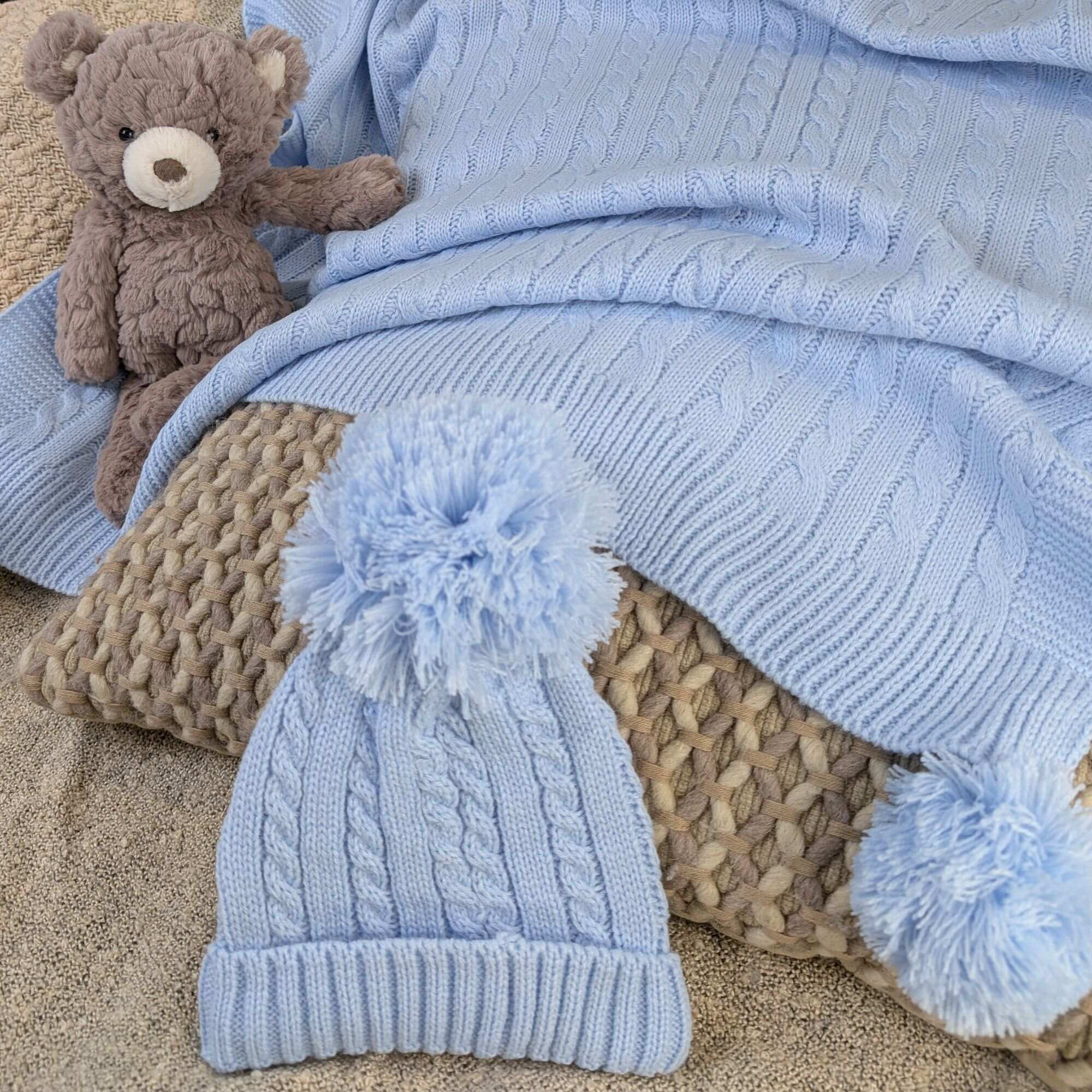 Baby Blanket Wrap with Pom Pom and Pom Pom Hat Set - Blue Baby Blanket, Hat & Booties Gift Set.