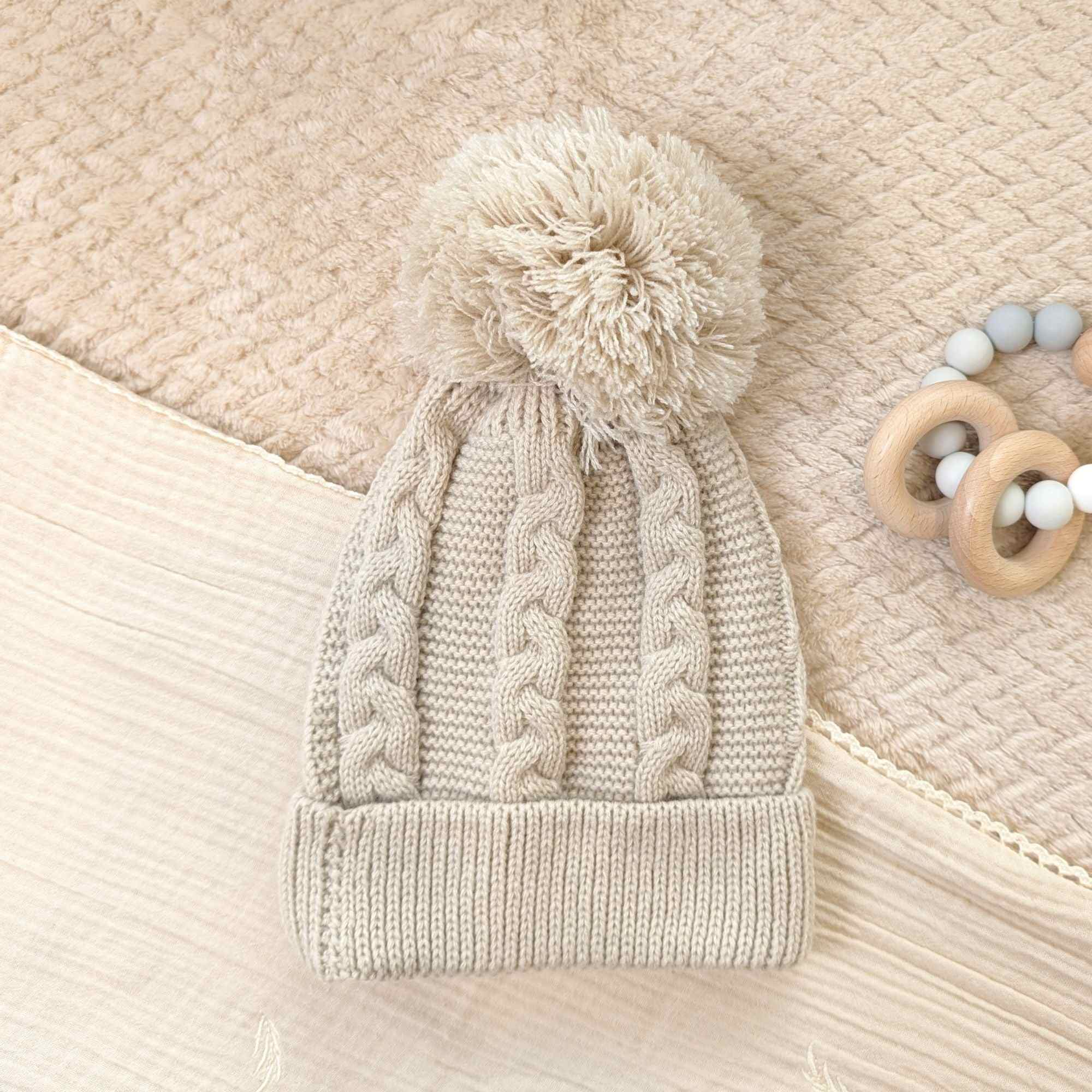 Baby Knit Hat Eco Friendly With Pompoms Biscuit Colour Baby Hat.