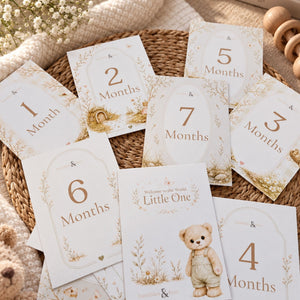 A set of baby milestone cards arranged with number 1-12