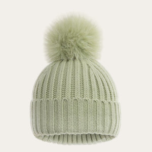 Soft mint green baby hat with sparkly pom pom