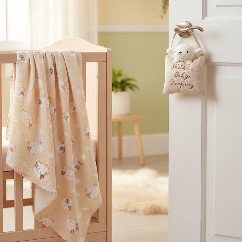 Taupe sheep muslin wrap draped over a cot beside the door sign cushion