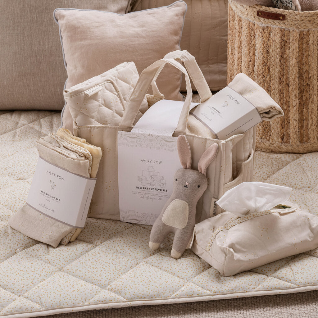 Organic baby nappy caddy organiser set in the Wild Chamomile design with coordinated nursery essentials.