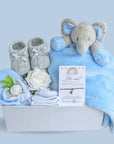 baby shower gifts box with blue elephant comforter and braclet for mummy.