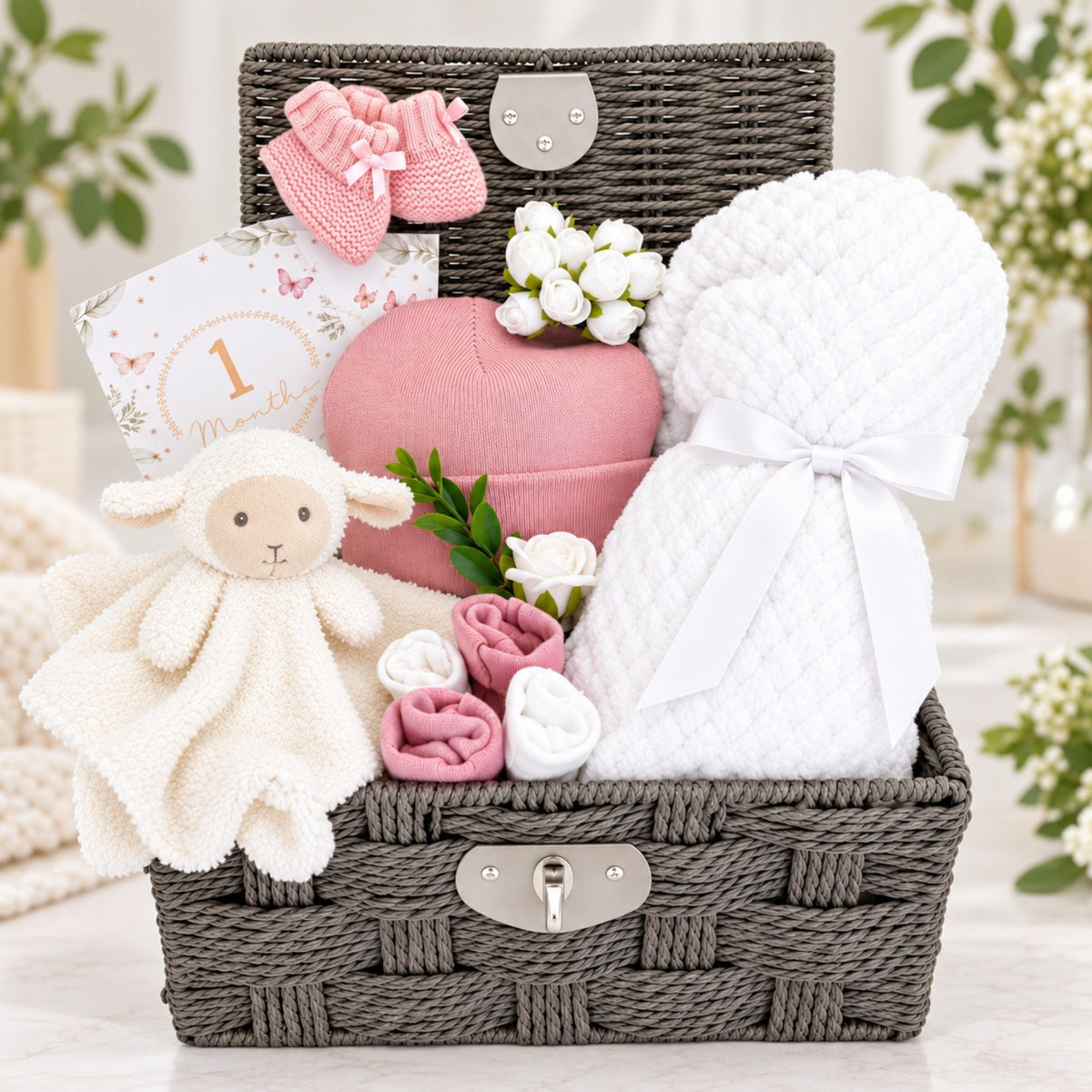 Baby shower gifts basket with pink baby clothes, lamb soft toy and white blanket packed in a wicker hamper by Bumbles & Boo.