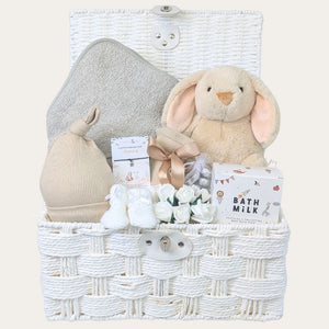 Bathtime baby shower gift hamper with gorgeous bunny toy. Keepsake basket full of presents and gifts to celebrate mum and baby. Bumbles and Boo.