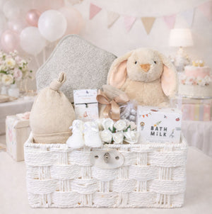 Baby shower gift set with soft bunny toy and a personalised hooded baby bath robe.