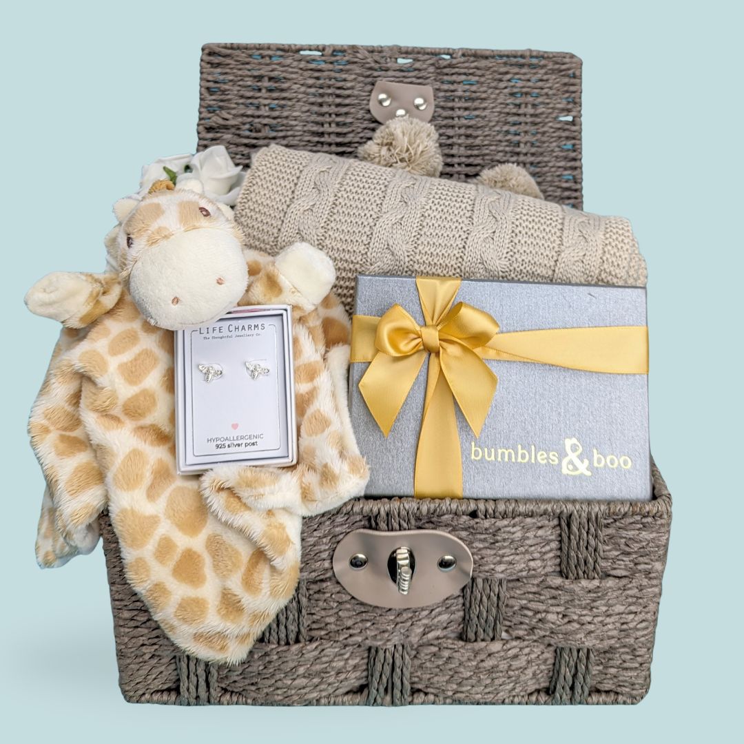 baby shower gifts hamper with giraffe theme and gift for mum to be