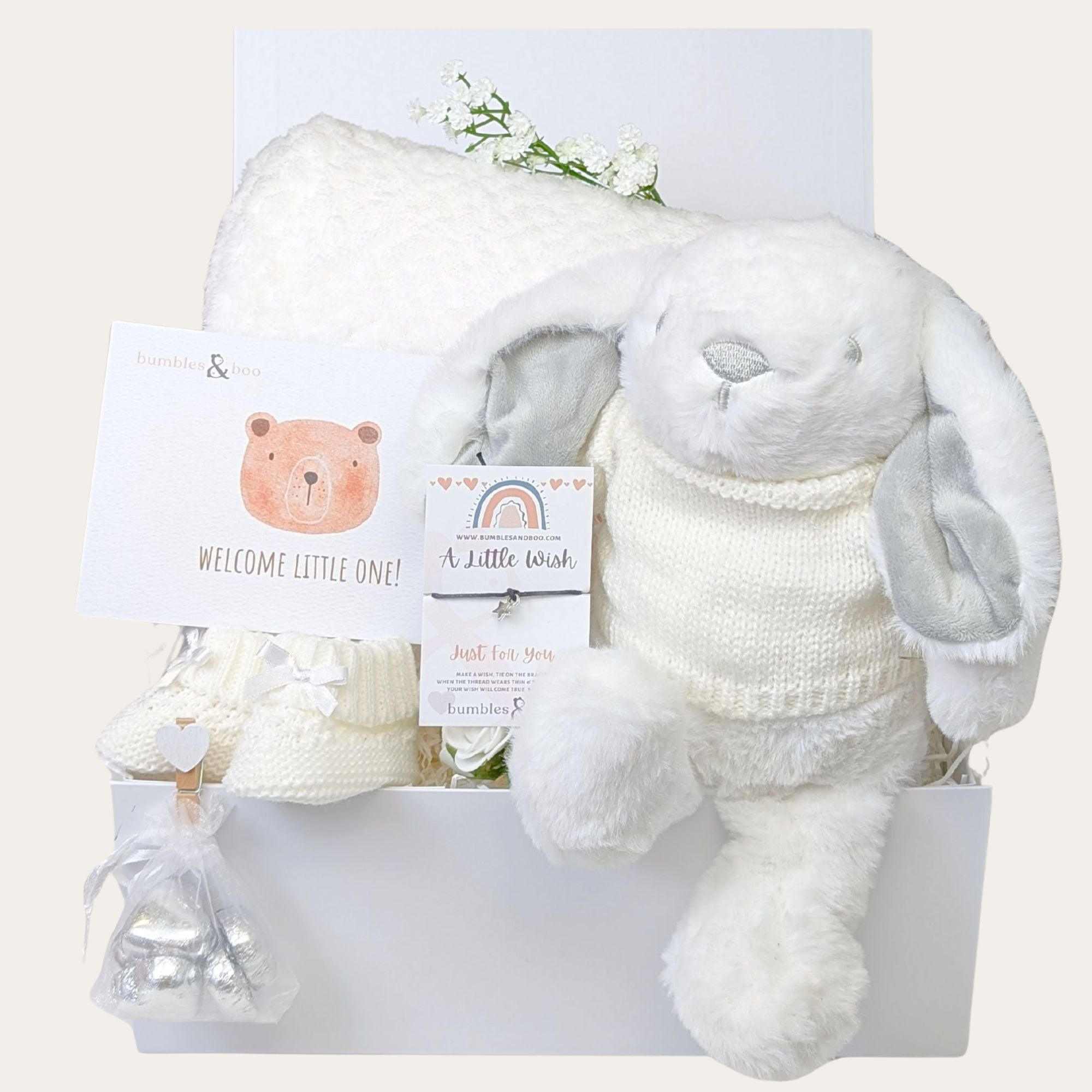 Baby shower gifts box with white bunny and blanket. Hamper designed by Bumbles and Boo.