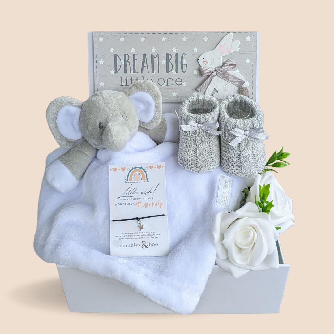 baby shower gifts box with neutral elephant theme in white and grey.