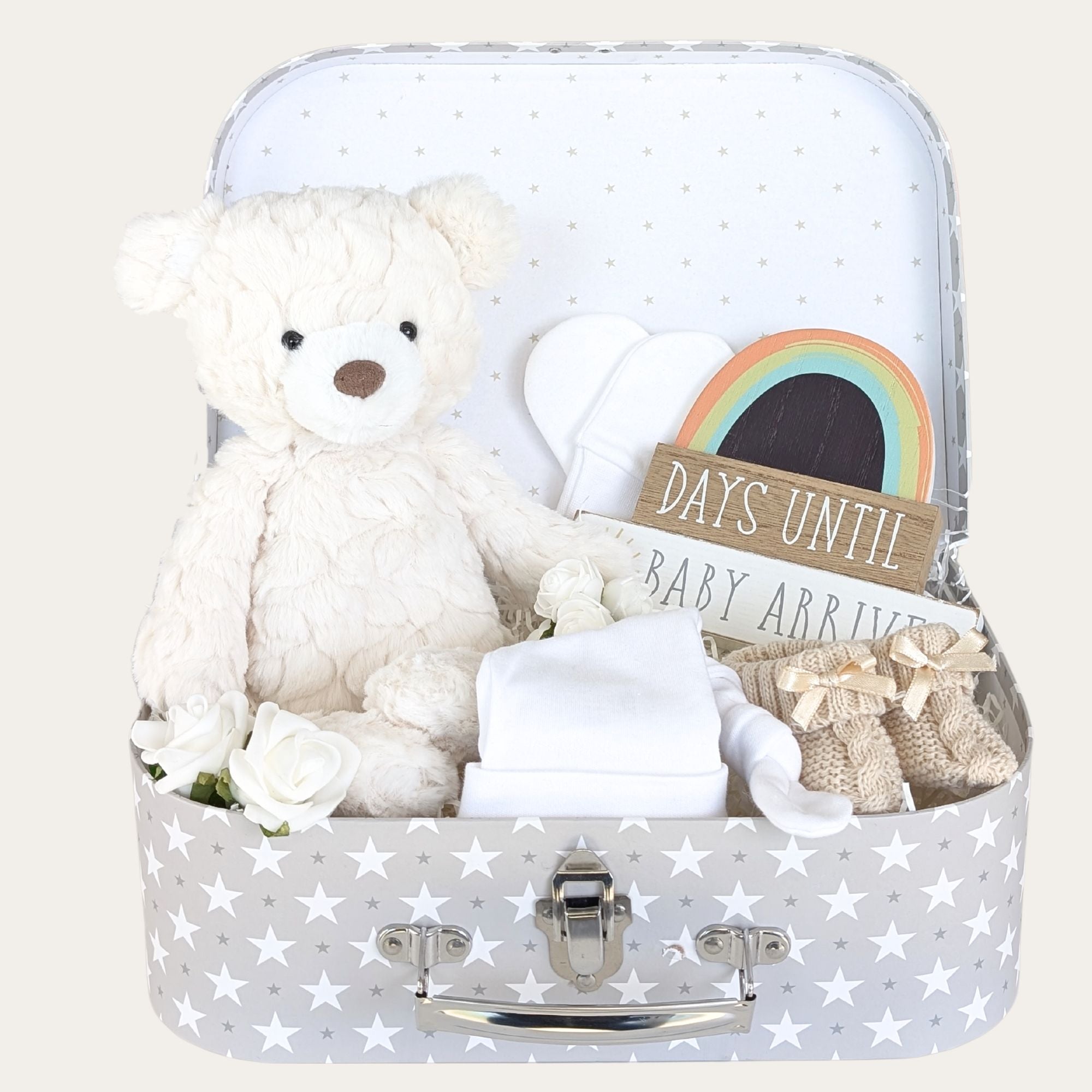 Baby shower gifts hamper with white teddy and rainbow plaque by Bumbles and Boo.