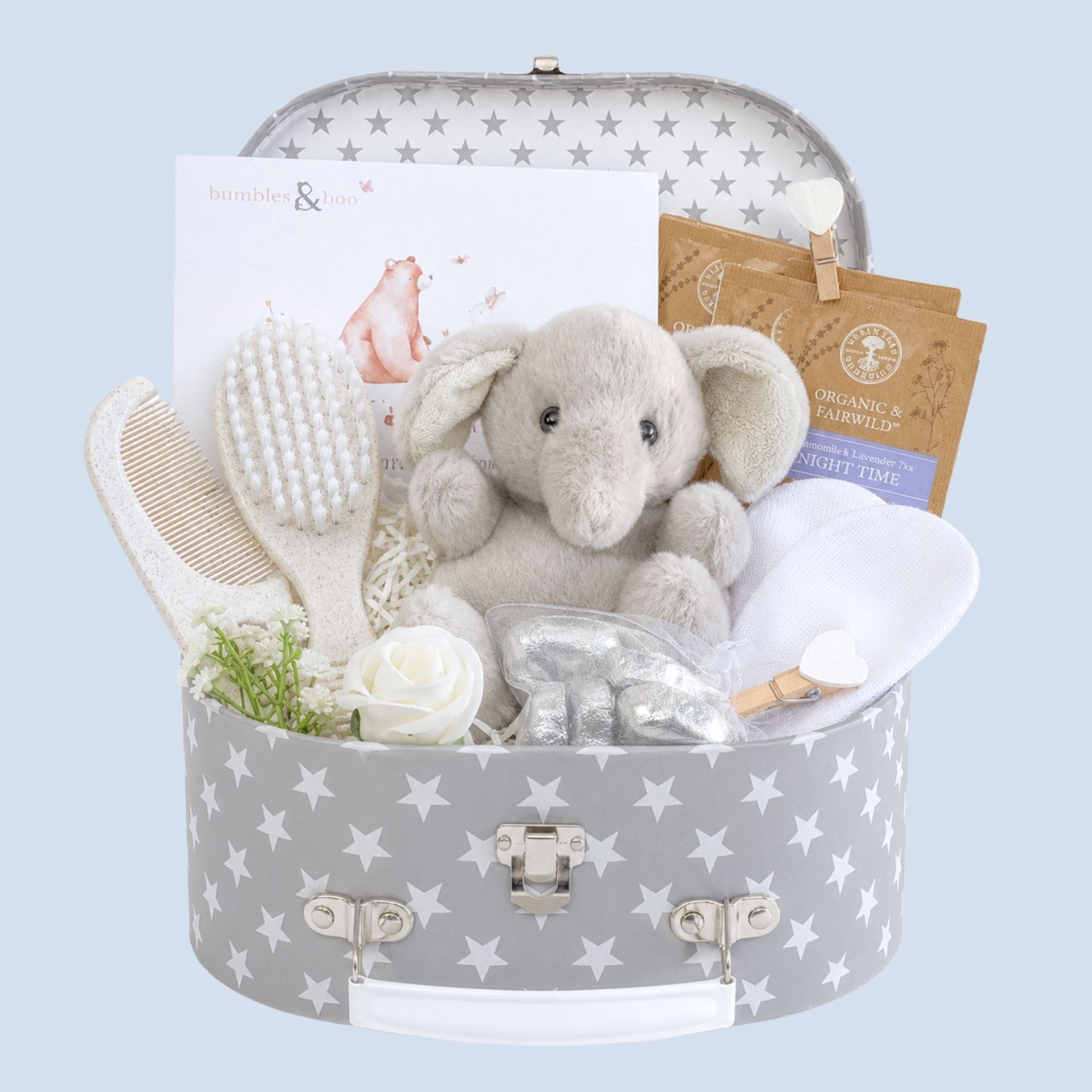 Small baby shower gifts hamper with soft elephant toy and indulgent presents for mum. Ideal baby shower present.