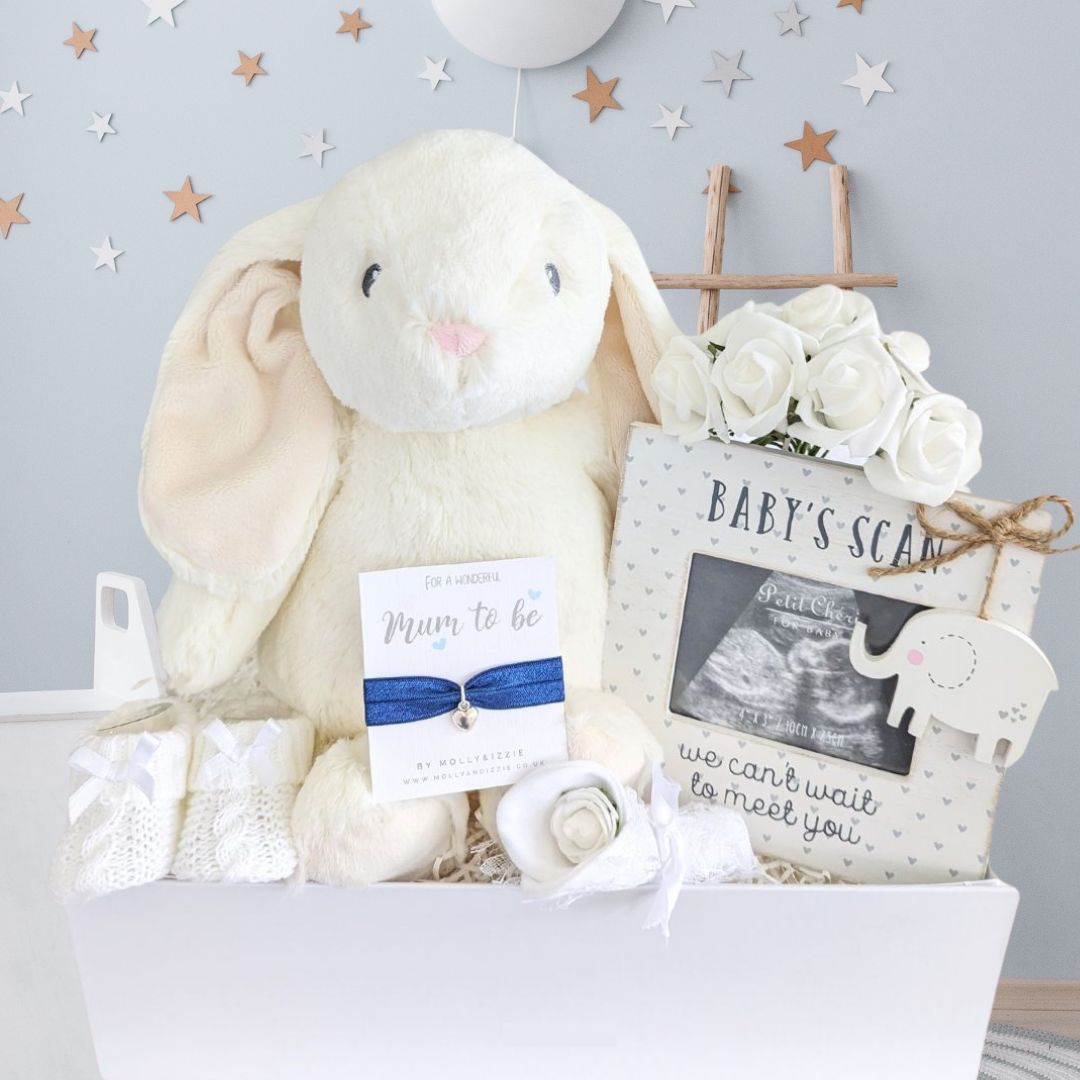 Baby Shower Gifts Box with scan frame and large white rabbit toy. 