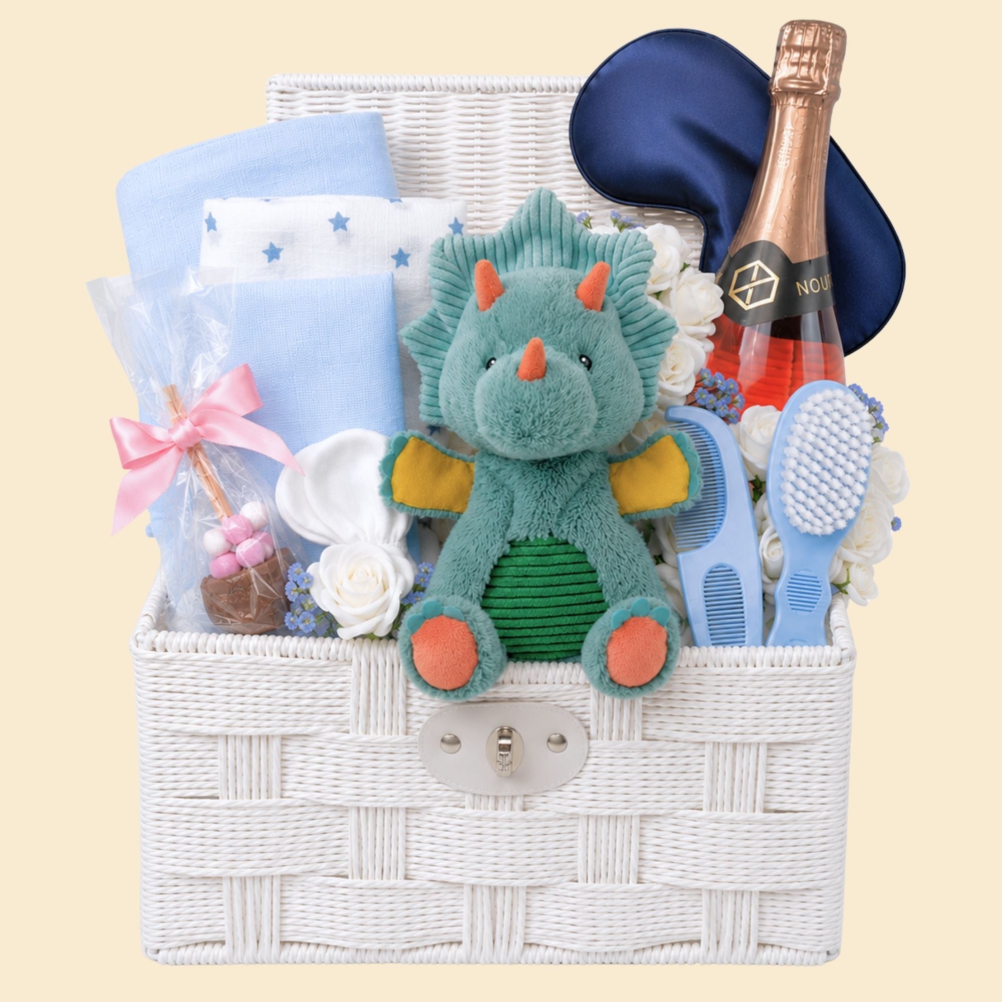 Gifts hamper for a baby shower to celebrate pregnancy, Includes blue theme.