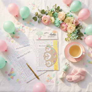 Packaged Who Knows Mum Best baby shower game cards with a winner's crown.