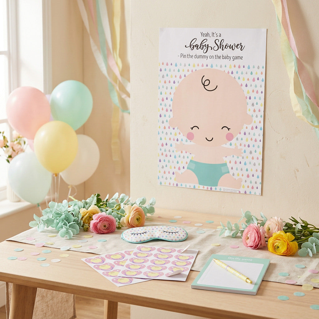 Pin the Dummy on the Baby poster displayed with a blindfold and dummy sticker sheets at a baby shower.