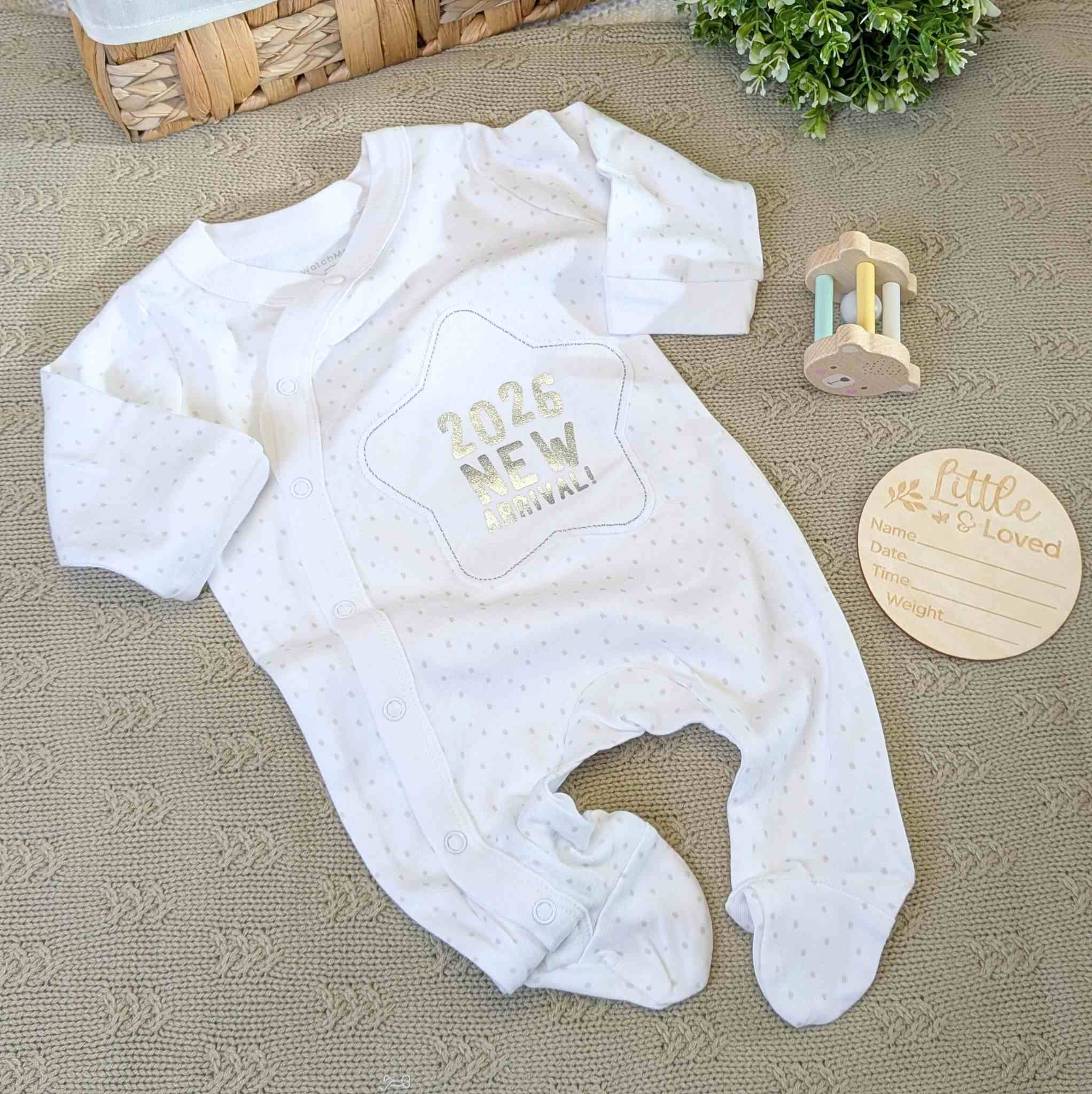 New Baby sleepsuit which reads 2026 new arrival in white with poppers.