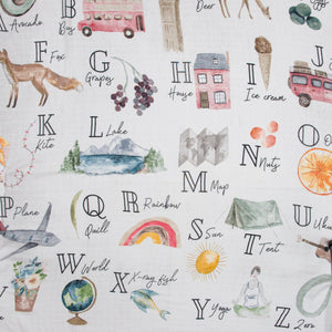 Extra large 120cm x 120cm bamboo and organic cotton baby swaddle blanket with alphabet design and beautifully illustrated pictures for nursing, swaddling and feeding baby.