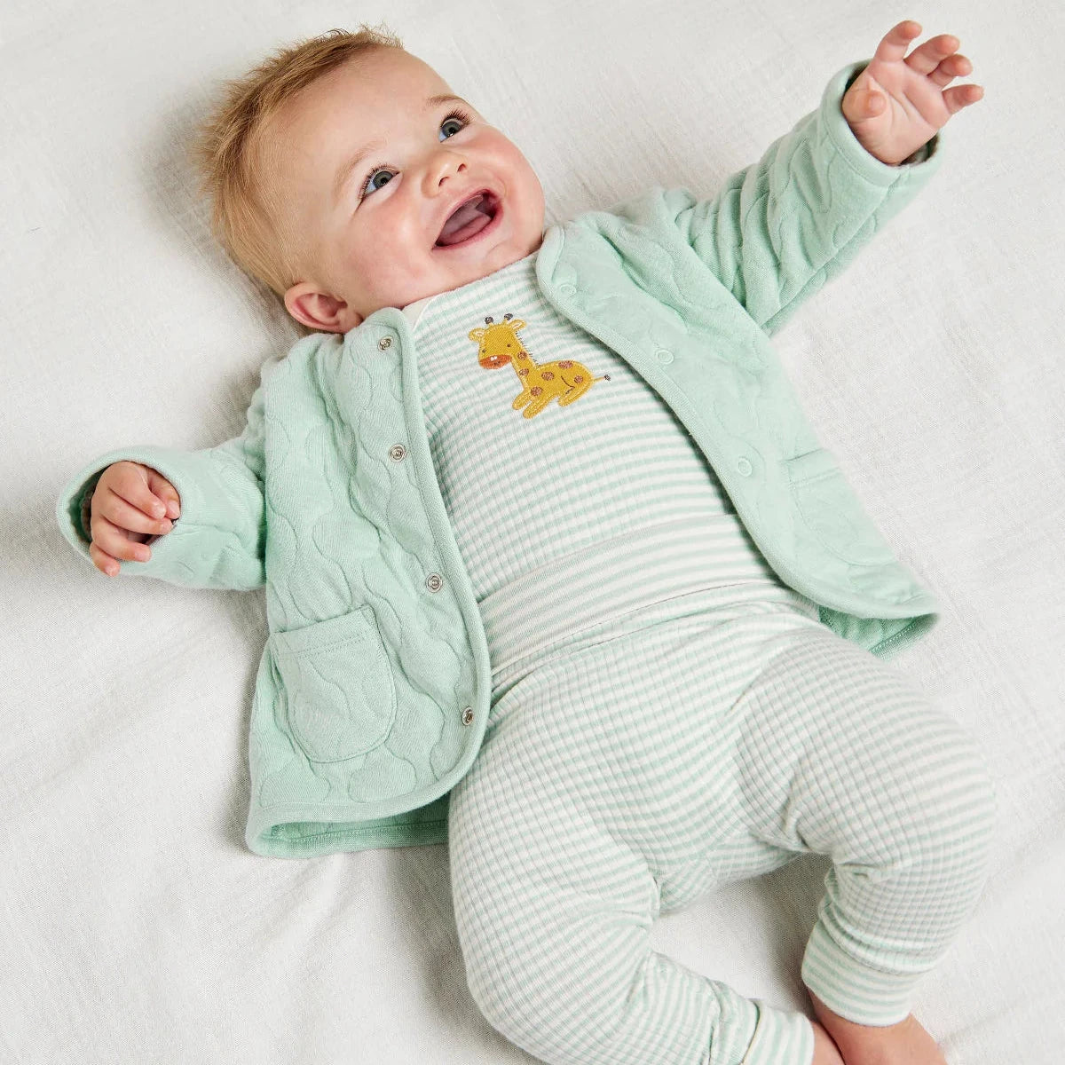 Baby unisex 6 piece safari clothing set including sleepsuit, bodysuit, jacket, joggers, hat and bib