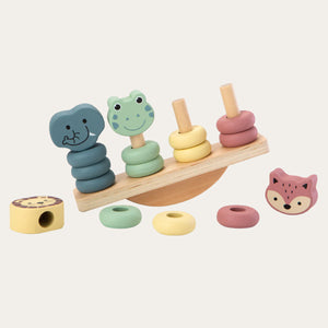 Animal balance wooden toys featuring animal figures such as a hippopotamus, frog, and fox, along with colorful rings and a circular base.
