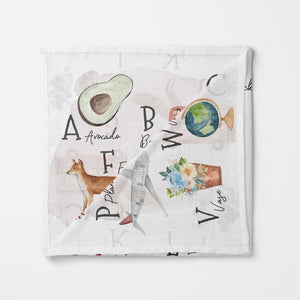 Tubed bamboo swaddle blanket – ultra-soft & breathable alphabet print baby wrap – made from bamboo and organic cotton.
