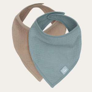 Soft muslin baby bibs in calming sea tones – popper fastening for easy wear