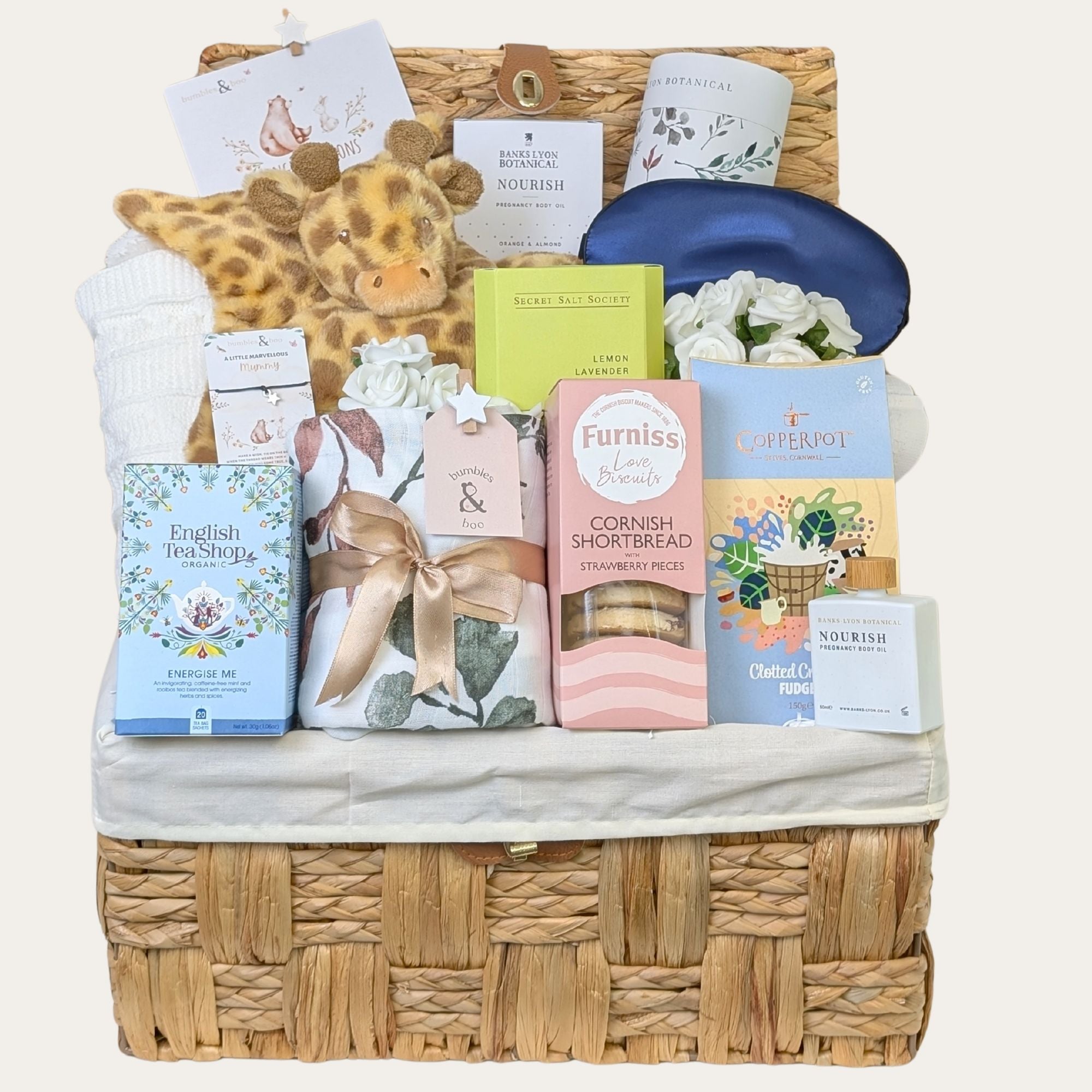 Baby shower hamper basket full of baby shower gifts for mum and baby from Bumbles and Boo.