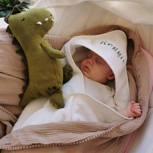 Personalised white hooded baby bath towel.