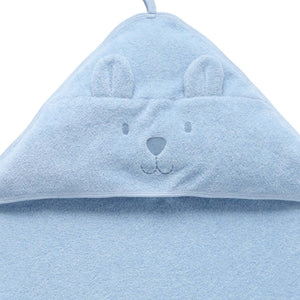Blue organic hooded baby towel with bear face design