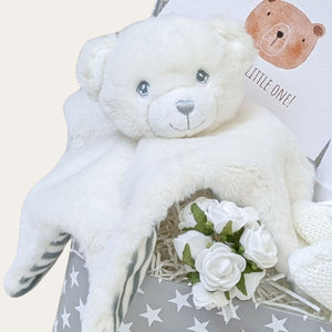 Soft white bear comforter with grey and white striped underside. 100% recycled eco friendly baby toy. Keel toys.