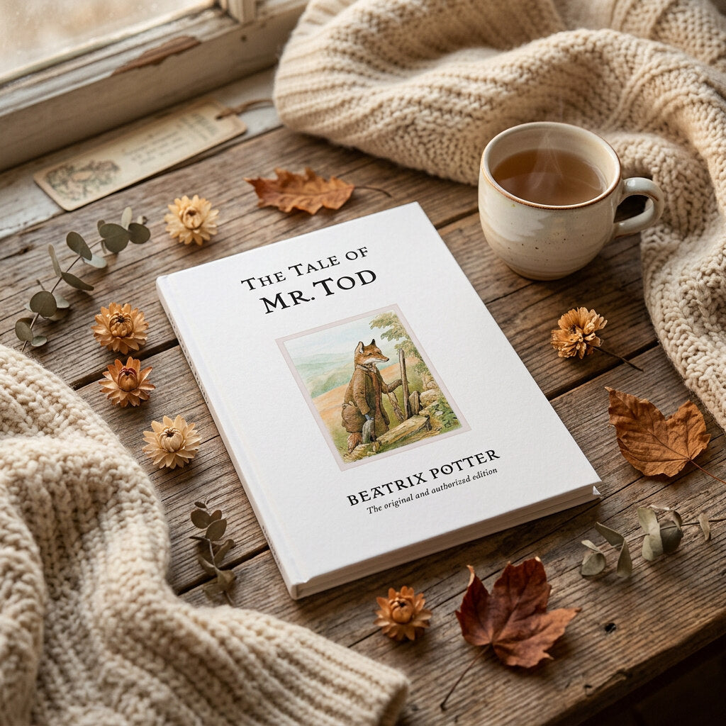 The Tale of Mr. Tod by Beatrix Potter, white book cover with a fox illustration