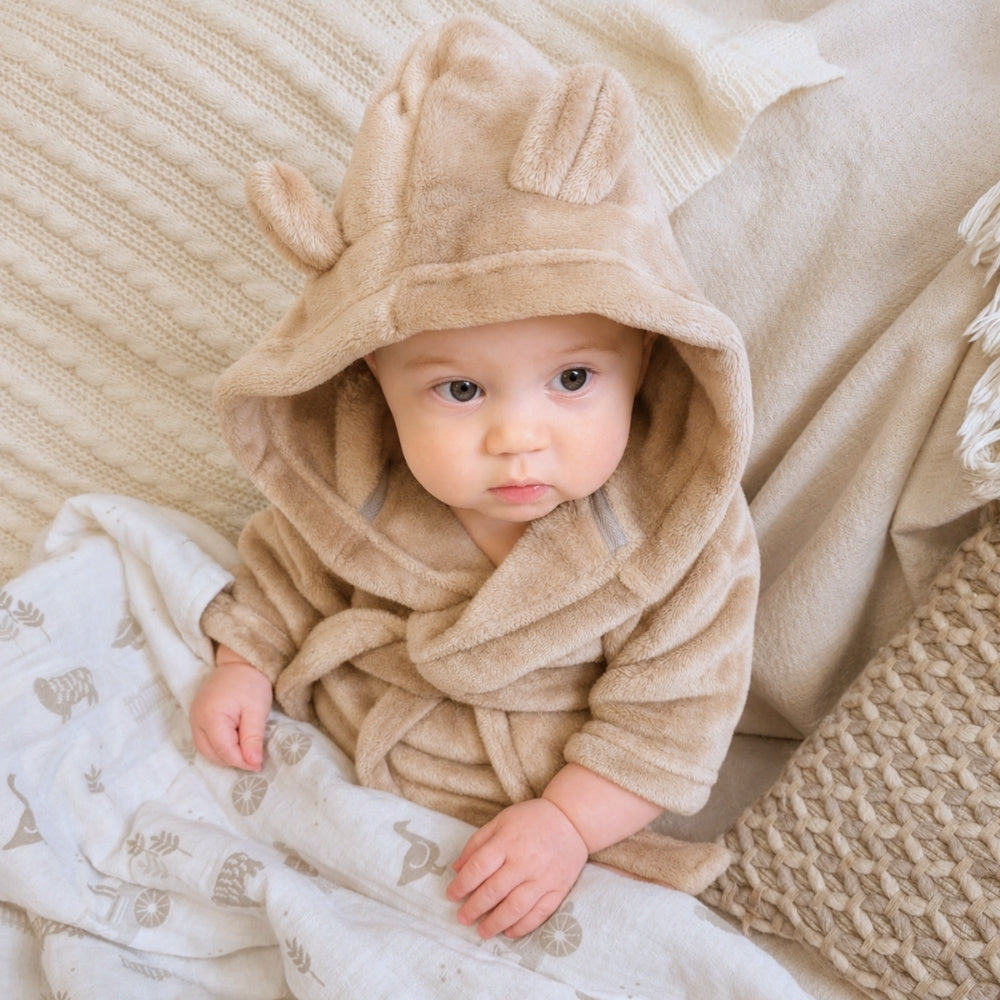 Personalised baby dressing gown - light brown with cute ears.