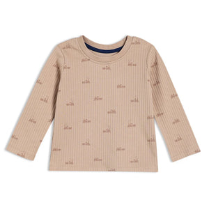 Beige ribbed long sleeve baby T-shirt with small repeating train motifs.