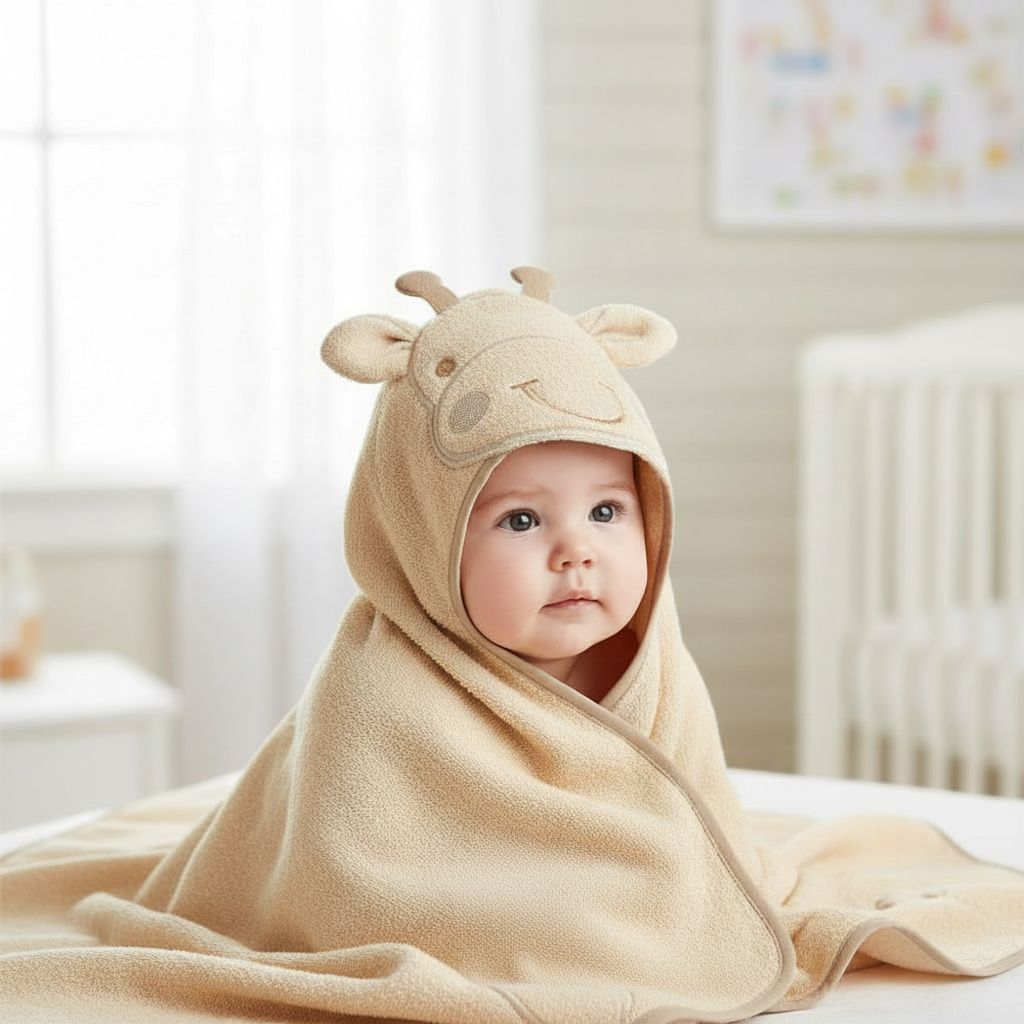 Baby wearing a beige hooded towel with giraffe ears in a nursery setting