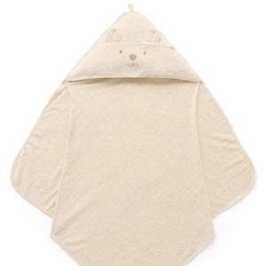 Organic beige baby towel with bear face on the hood