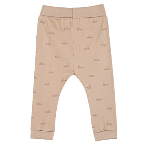 Beige baby joggers with mini train pattern
