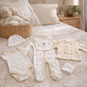Beige and white baby clothing set with sailboat print