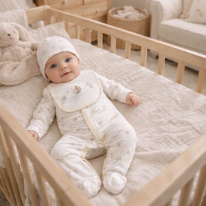 A 6 piece unisex baby clothing set in beige and white with sail boat print